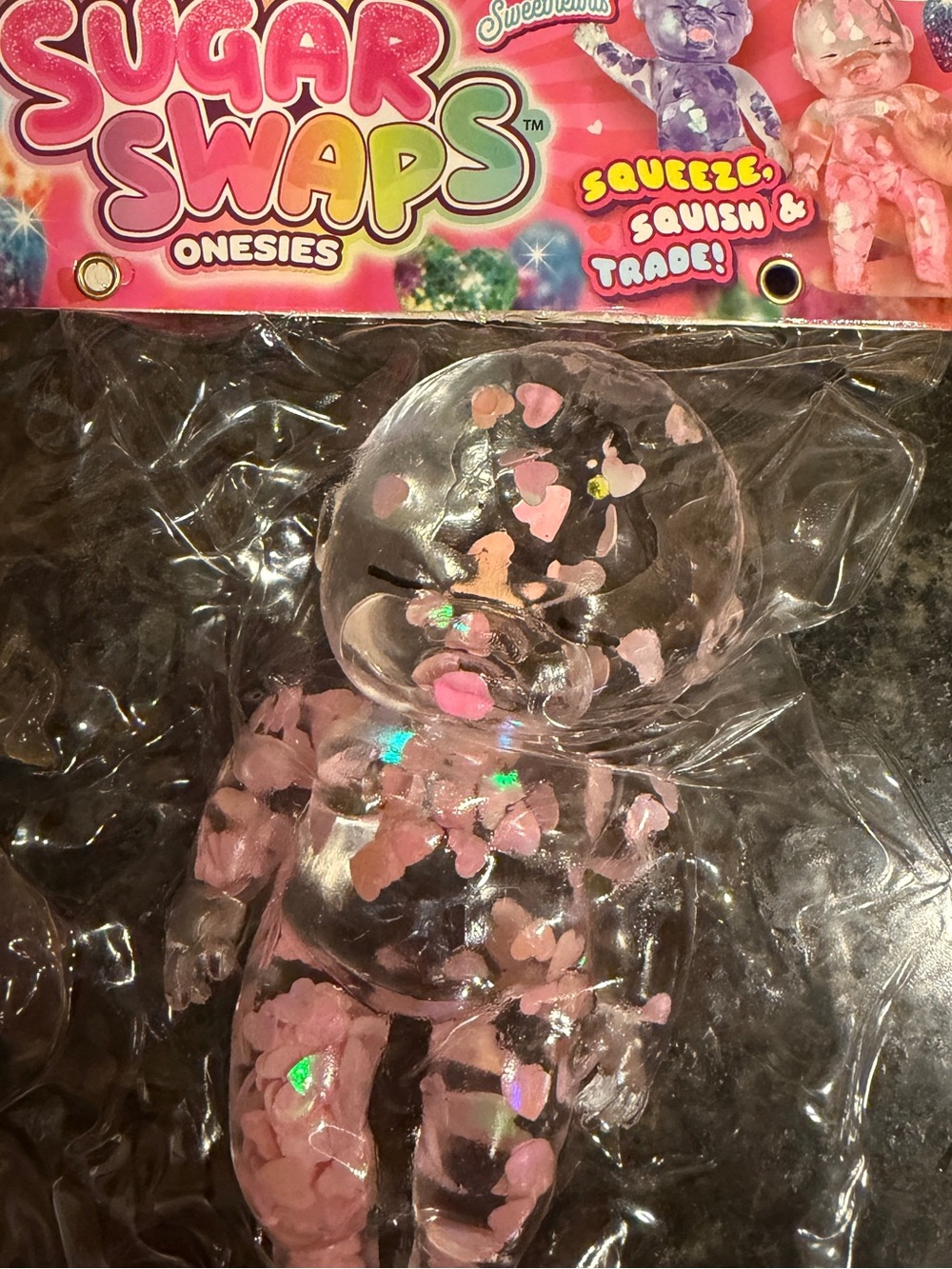 NEW ORB Sugar Swaps Onesies Sweethearts Clear PINK Hearts Glitter Squishy Baby